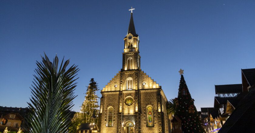 night lighting of São Pedro church in the tourist city of Gramado