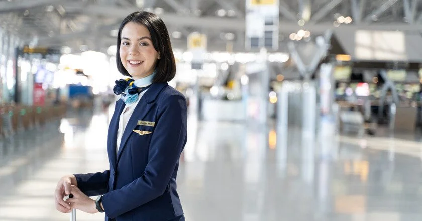 Portrait of Caucasian flight attendant standing in airport termi